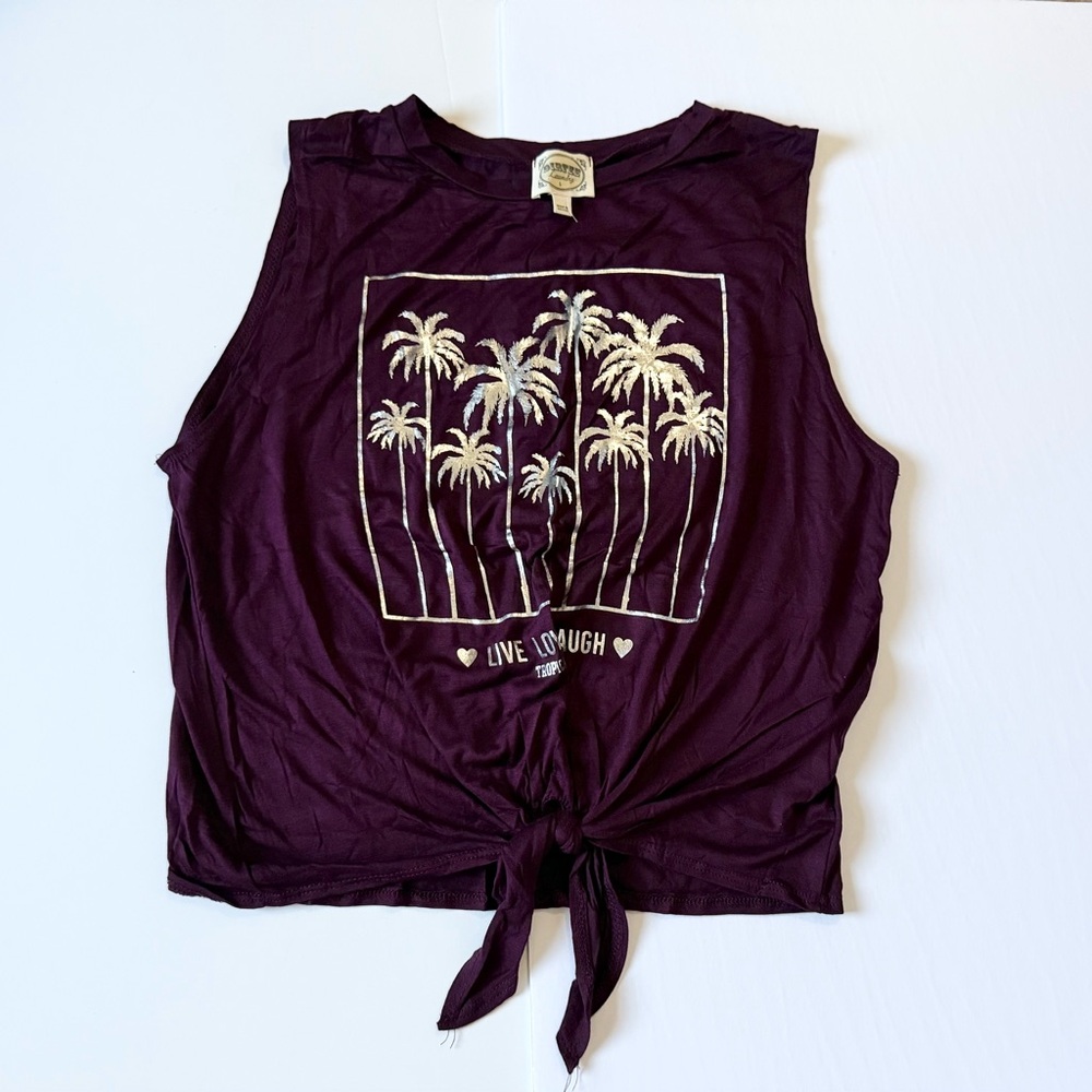 Dirtee Laundry Purple Palm Tree Graphic Tie-Front Tank Top size L